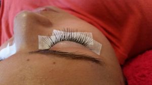 A close up of the lash extensions